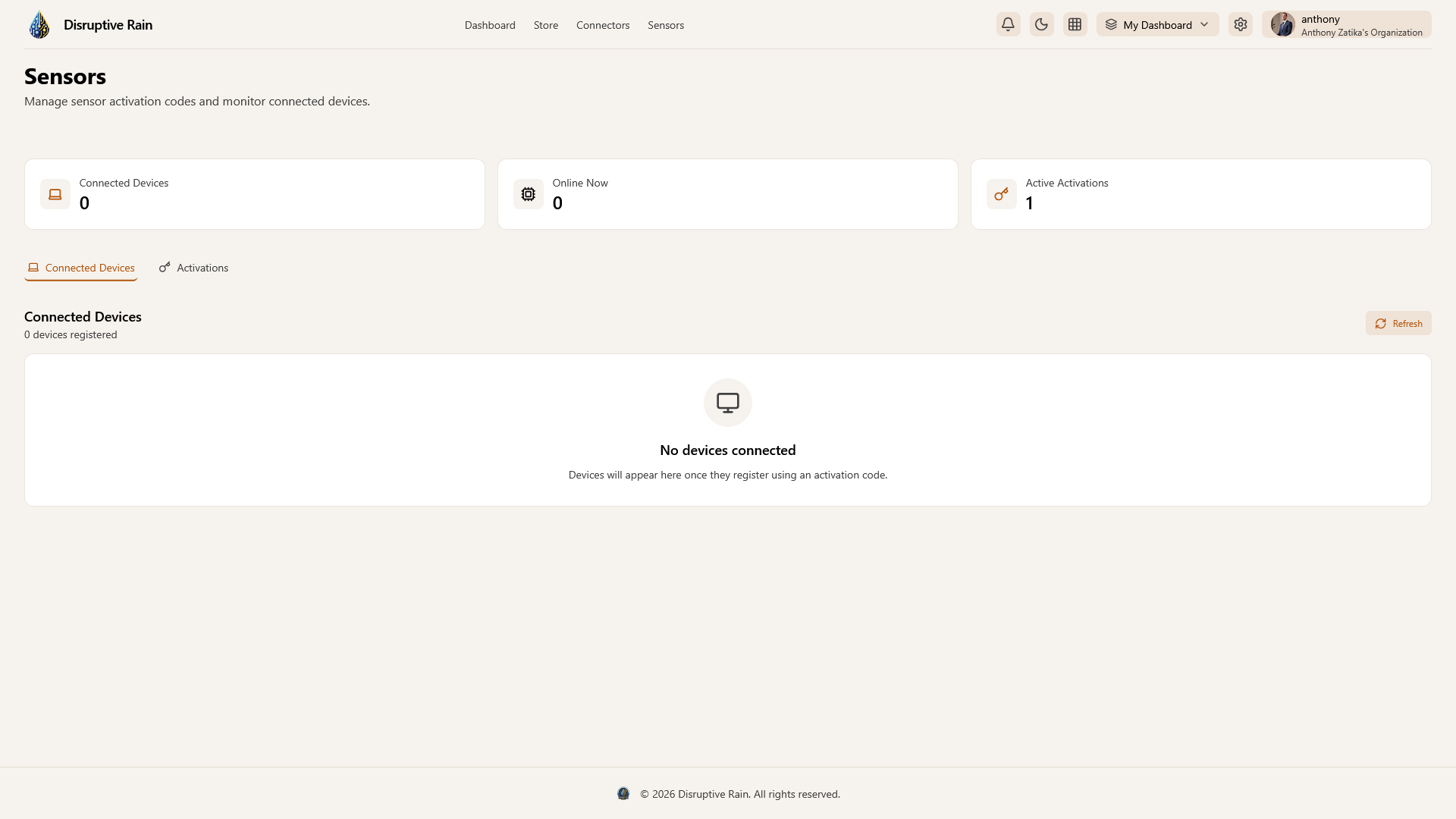 Sensors management dashboard showing connected devices
