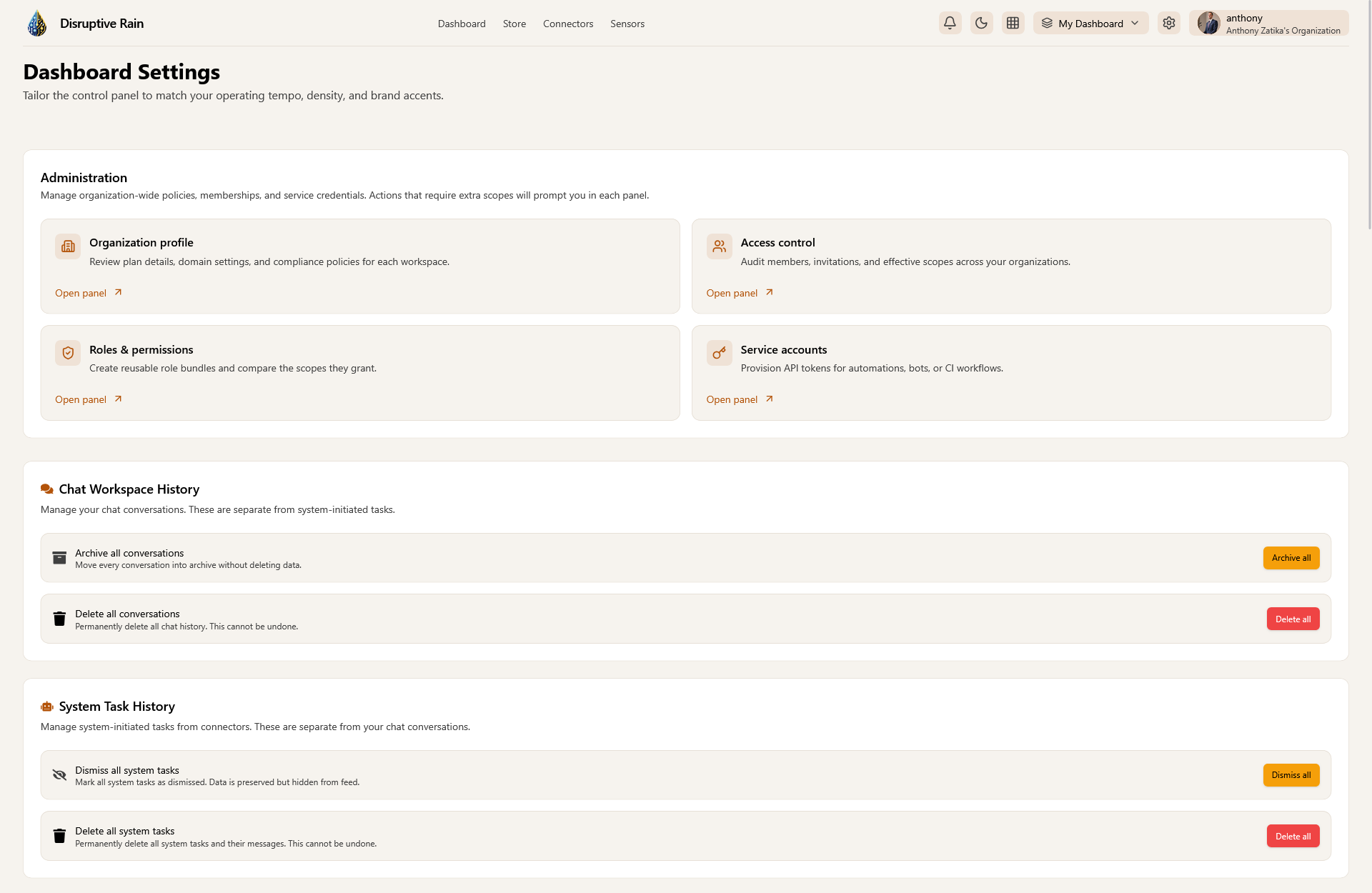 Dashboard customization settings with theme options, layout controls, and widget configuration